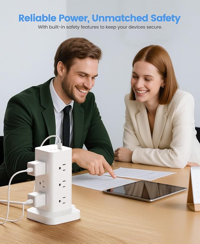 Power Strip Tower with Surge Protector 1800J, Fast Charging Tower PD20W USB-C Ports with 12 AC Outlets, 9.8ft Extension Cord for Home Office Dorm Room, White