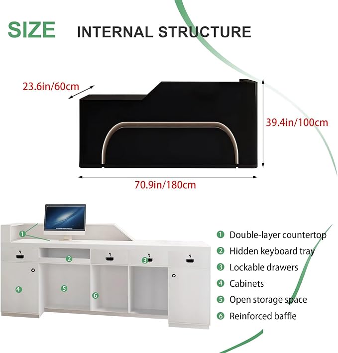 Modern Reception Desk with Counter Front Reception Table with Hidden LED Lighting Commercial Receptionist Desk Black Checkout Counter Fully Assembled and Ready to Use 71inch/180cm