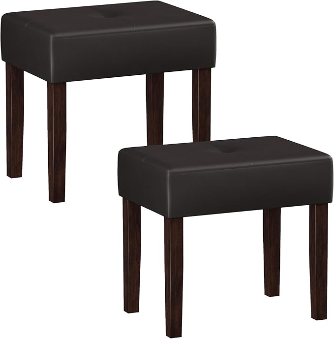 Two Leather Vanity Stools, 18.7 Inch Wide Rectangle Ottoman Bench for Makeup Room, A Set Vanity Chair with Wood Legs for Piano Room, Bedroom,Living Room with Customizable (Cherry)