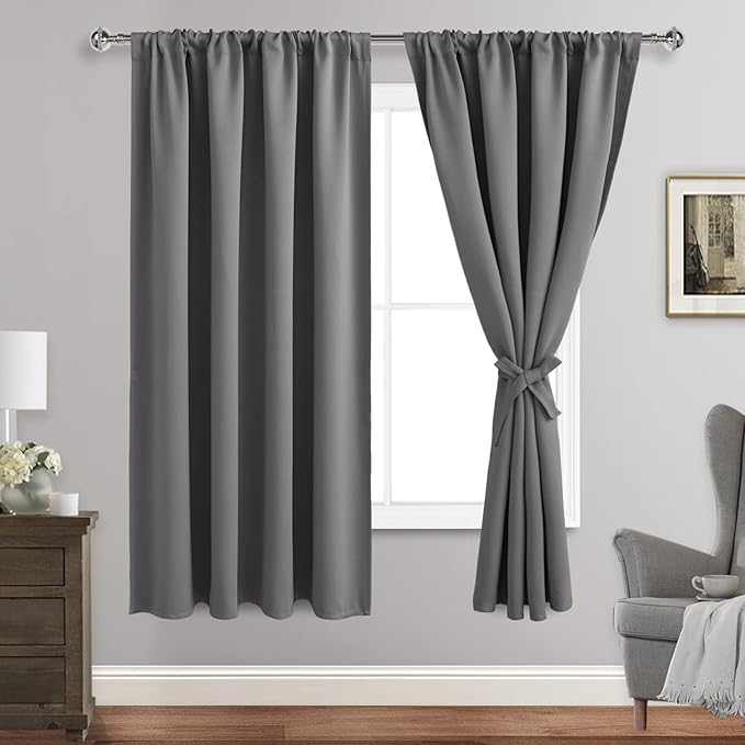 JIUZHEN Blackout Curtains for Bedroom - Thermal Insulated Room Darkening Noise Reducing, 52 x 63 Inch Length Curtains for Living Room, Set of 2 Panels with Tiebacks, Light Grey