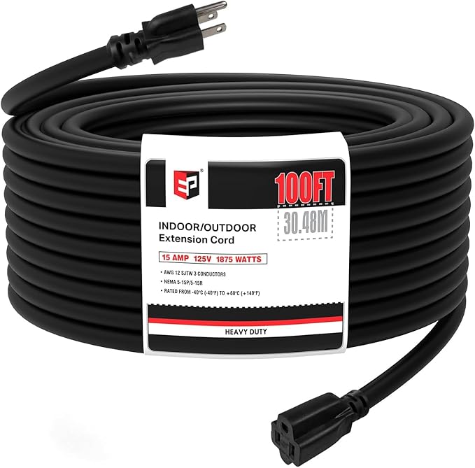 EP 100 Ft Outdoor Extension Cord - 12/3 SJTW Heavy Duty Black Extension Cable with 3 Prong Grounded Plug - Power Cord for Lawn, Garden, Appliances