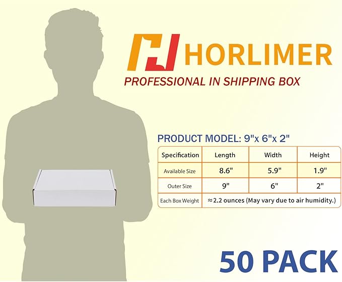 HORLIMER 9x6x2 inches Shipping Boxes Set of 50, White Corrugated Cardboard Box Literature Mailer