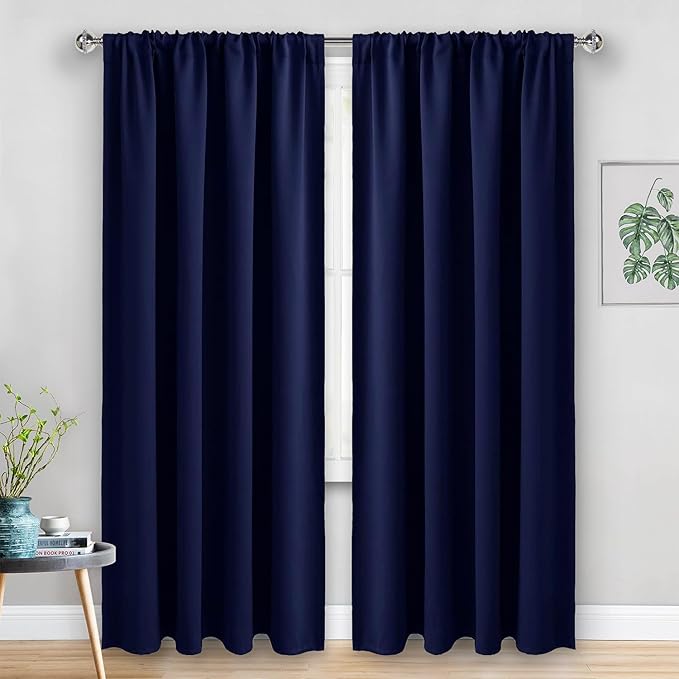JIUZHEN Blackout Curtains for Bedroom - Thermal Insulated Room Darkening Rod Pocket Curtains for Living Room, Set of 2 Panels with Tiebacks, 52 x 96 Inch Length, Navy Blue