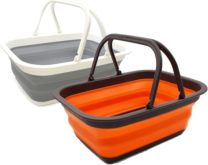 SAMMART 9.2L (2.37Gallon) Collapsible Tub with Handle - Portable Outdoor Picnic Basket/Crater - Foldable Shopping Bag - Space Saving Storage Container (Grey & Orange, 2)