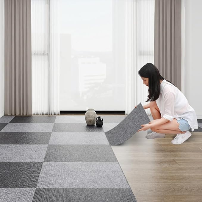 Carpet Tile 24” X 24” Self Adhesive Carpet Floor Tiles Anti-Slip Reusable Carpet Squares Peel and Stick Carpet Floor Tile Easy Install DIY for Bedroom Living Room (21, Light Gray)