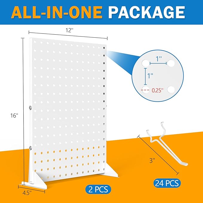 2 Pcs Metal Pegboard Display Stand with 24 Peg Hooks for Retail Crafe Shows&Fairs,White Merchandise Display Rack for Seling Accessories,Display Stands for Boutique,Stores(16*12 inch)