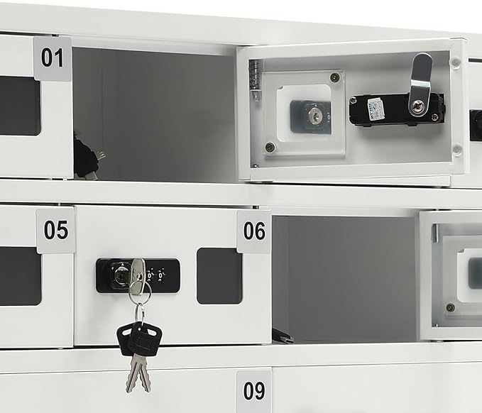 10 Slots Cell Mobile Phone Steel Locker with Combination Lock, Cellphone Charging Station with 3 in 1 Charging Ports for Most Phones, Cellphone Locker for Schools, Conference Rooms, and Offices
