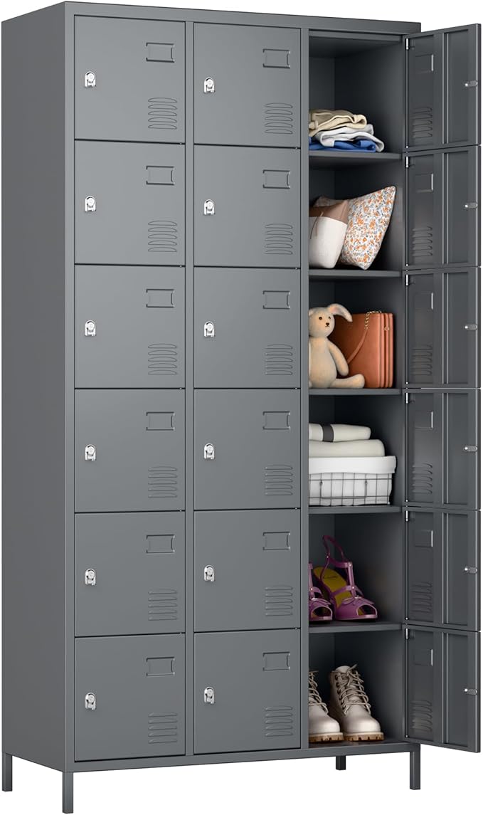 Aobabo 18 Doors Metal Locker for Employees,Metal Storage Locker Cabinet with Lock and Leg, for Office Garage School Home Industrial, Assembly Required, Dark Grey