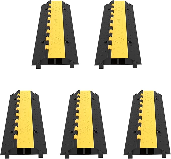 VEVOR 5 Pack Rubber Cable Protector Ramp 2 Channel Heavy Duty 66,000 lbs Load Capacity Cable Wire Cord Cover Ramp Speed Bump Driveway Hose Cable Ramp Protective Cover (2-Channel, 5 Pack-66,000 lbs)