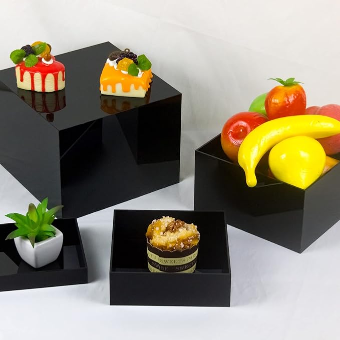 Acrylic Cube Display Boxes Pedestals, Black Platform with Hollow One Open Side, Stackable Nesting Risers Stands Shelf for Collectibles