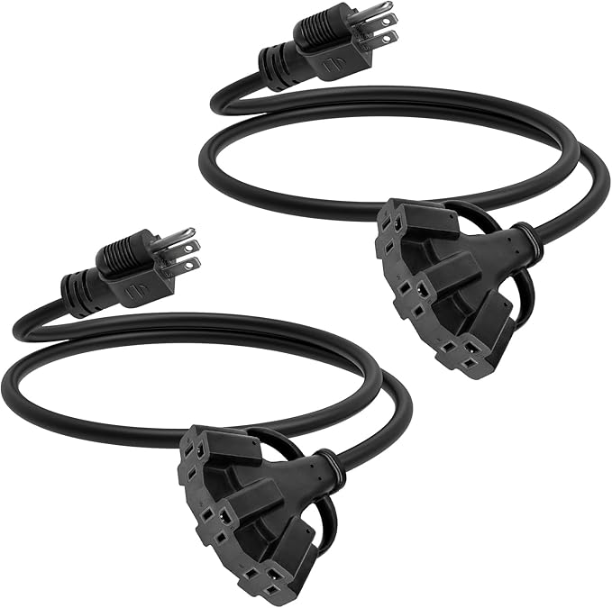 3FT 2 Pack 12 Gauge 3 Outlet Outdoor Extension Cord 12/3 Heavy Duty SJTW Power Cord 3 Way Waterproof Power Cable 3 Prong Grounded 12AWG 15Amp 1875W ETL Listed