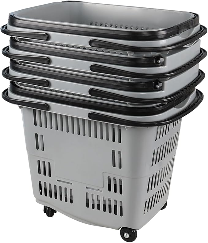 50 L Plastic Shopping Basket with Wheels, 4 Pcs Plastic Rolling Shopping Basket with Handle, Gray