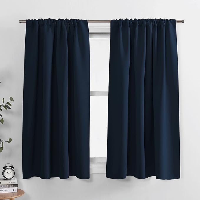 PONY DANCE Nave Blue Short Curtains for Small Window, Blackout Thermal Insulating Drapes for Home Theatre Bathroom Kitchen Basement Cafe RV Camper Windows, Wide 34 x Long 45, 1 Pair