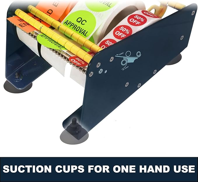 MDJ by Excell Manual Metal Label Sticker Dispenser with 4 Suction Cups Base for Tabletop, Adjustable Holder for Multiple Rolls for Office, Home, Warehouse, Easy Peel Off, Fits up to 6.5" Wide Labels