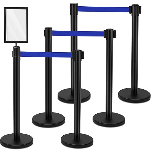 Therwen 6 Pack 9.8 ft Heavy Duty Crowd Control Stanchions Stainless Steel Stanchion Set with 6 Safety Barrier Post with Retractable Blue Belt and 1 Sign Holder Crowd Control Barrier