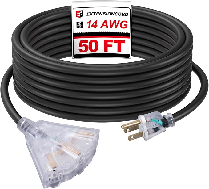 EP 50 Ft Lighted Outdoor Extension Cord with 3 Electrical Power Outlets - 14/3 SJTW Heavy Duty Black Extension Cable with 3 Prong Grounded Plug - Power Cord for Lawn, Garden, Appliances