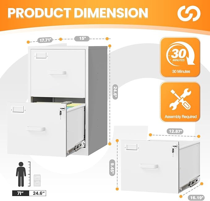 2 Drawer File Cabinet with Lock, Metal Filing Cabinets for Home Office, Vertical White Small Caninet for Home Office, Steel Narrow Two Drawer File Cabnet for Letter/File Box- Assembly Required