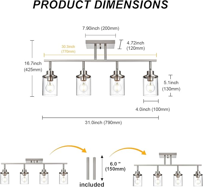 Yaohong 4-Light Track Lighting Kit Brushed Nickel Track Lighting Fixtures, Bathroom Wall Light Ceiling Mount Rotatable Spotlights, Kitchen Ceiling Light Fixtures with Glass Shade for Bathroom Hallway