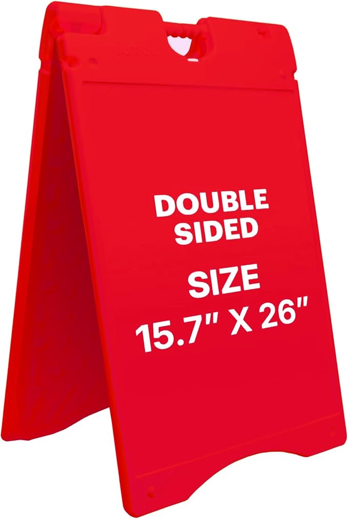 Jumbl A-Frame Signboard 15.7” x 26” Display Surface – Small Outdoor Sandwich Board w/Weather Resistant PVC Sign Protector & Sand Fill Holes – Dual Signage Stand for Storefront Sidewalk Curb (Red)