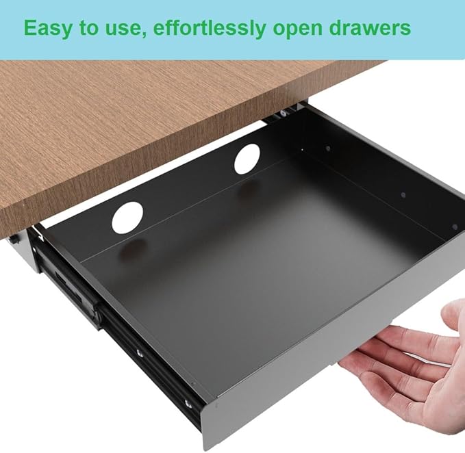 Under Desk Mounted Slide out Drawer, W 13.4" x D 9.3" Storage Organizer with Cable Management for Office & Standing Desks with High Crossbar, Metal, Black (Medium)
