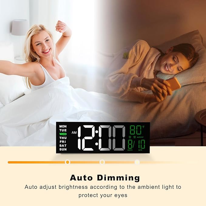JALL 16" Large Digital Wall Mount Clock, Count Down Timer, Alarm, Big LED, RGB Color, DST, Temperature for Living Room Classroom Desk, Xmas, Birthday Gift for Senior Mom Dad (White Green, 16 inches)