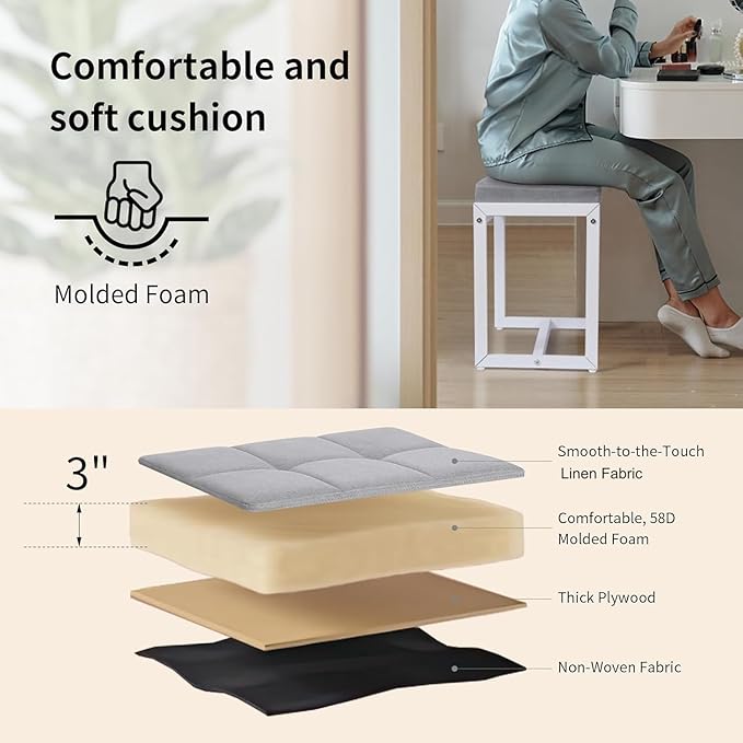 Vanity Stool, Vanity Chair Stools for Makeup Room, Square Linen Makeup Stool for Vanity, Modern Padded Small Ottomans Foot Rest for Bedroom Living Room, Grey & White
