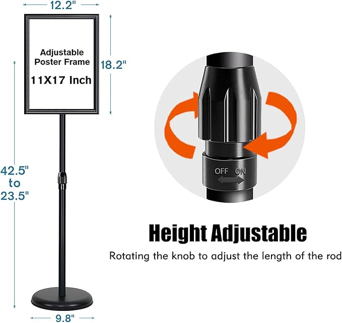 Adjustable Sign Stand for Display, Pedestal Floor Signage Stand Holder with Heavy Duty Base, for Outdoor or Indoor Advertising (11 x 17, Black)