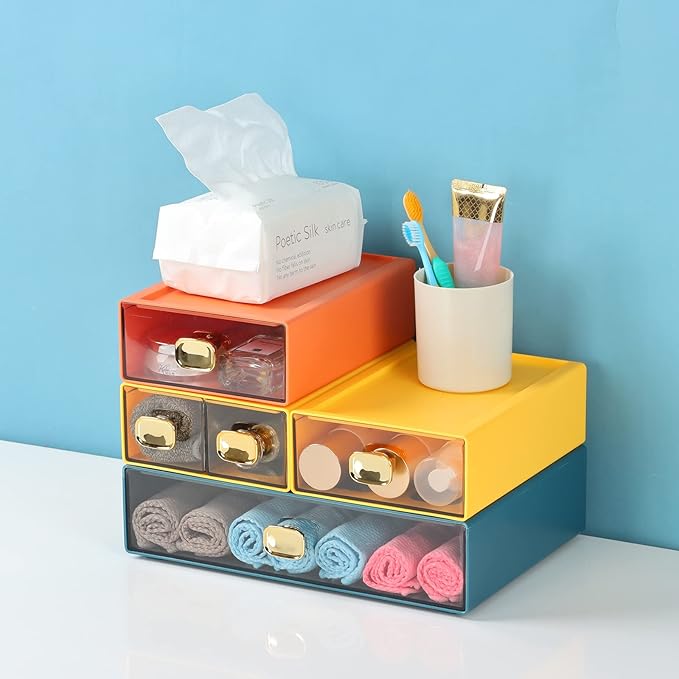 Spacious Desktop Storage Box, 1 Large 1 Middle & 2 Small Storage Drawers, Stackable Office Desk Drawer Organizer and Accessories, Printer Paper Organizer, Orange Plastic Drawers for Workspace