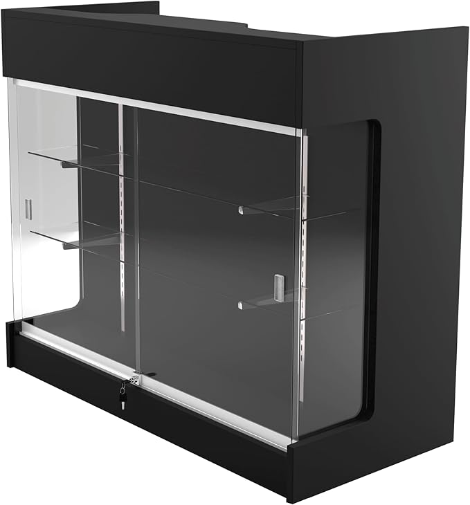 48" W x 22" D x 42" H - Retail Display Case,Ledgetop Counter with Showcase Front, Black Retail Counter with Glass Display Cabinet