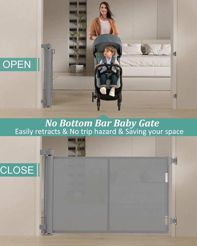 59 inch Retractable Baby Gates 34 inch Tall, Retractable Gate with Reinforced Strip Design to Prevent Crawling Through, 5 FT Retractable Dog Gate for Stairs, Doorways, Hallways, Indoor/Outdoor