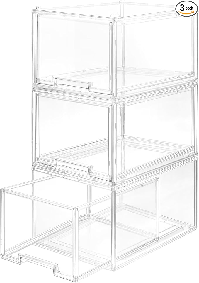 AZ.MIFENO Large Stackable Storage Drawers,Clear Thickened Drawer Organizers with Pull-Out Drawer for Skincare,Cosmetics, Ideal for Closet,Bathroom,Kitchen Undersink,Cabinet,Toy Organization (3 Packs)