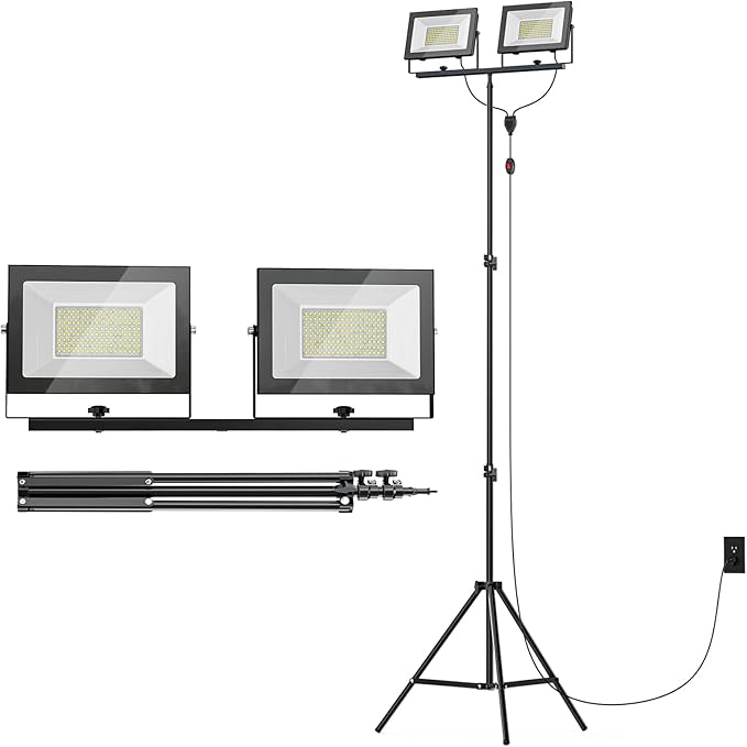 LIVOWALNY 22000 Lumens LED Work Lights with Stand, 2 Adjustable Head 220W Tower Light with 13FT Cord, Portable IP65 Waterproof Tripod Flood Light for Workshop Garage Construction Mechanics Lighting