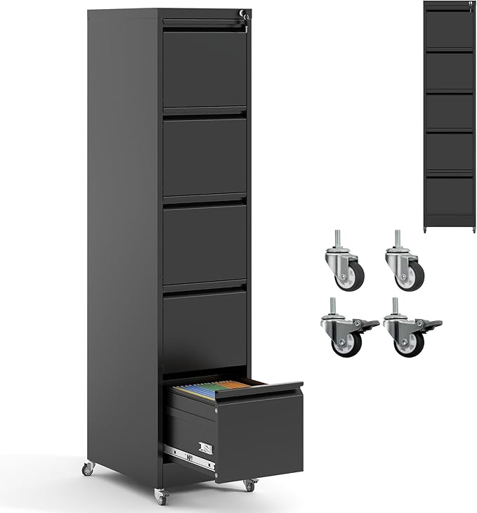 5 Drawer File Cabinet with Wheels,Metal Mobile Filing Cabinets with Lock,Black Vertical File Cabinet for Home Office,Heavy Duty Storage Cabinet for A4/Letter/Legal Size File,Assembly Required