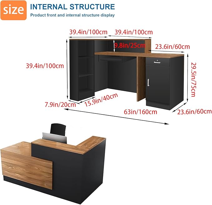 L-Shaped Reception Desk with Counter and Lockable Drawers and Storage Tall Modern Front Desk Reception Counter for Checkout Lobby Beauty Salon A Right 63inch/160cm