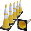 6 Pack 28" Large PVC Traffic Cones with Heavy-Duty Black Base, Garage Parking Lot Cones Structurally Stable Weatherproof Road Construction Safety Cones (6, Yellow, 28" Large)