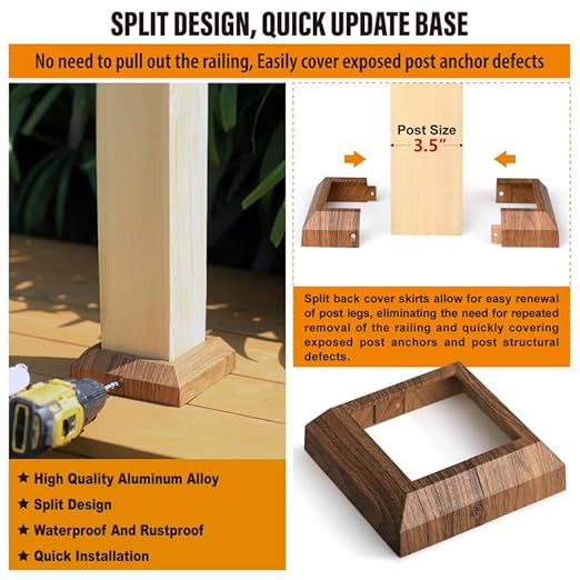 8 pcs 4"x4" (Actual: 3.5"x3.5") Aluminum Post Base Cover for Railings, Stairs, Patios, Porches - Split Deck Post Skirt (Walnut Wood)