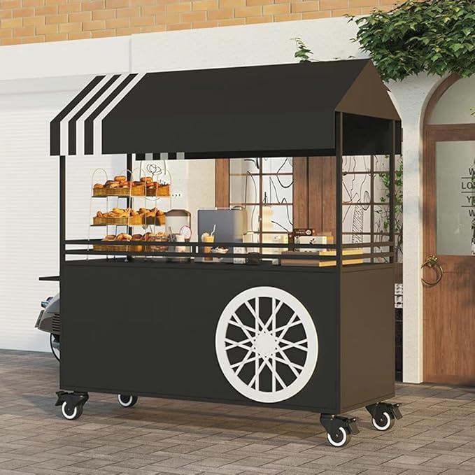 MATISUN Portable Vendor Cart with Canopy, Mobile Food Cart with Lockable Wheels for Market, Street Food & Events (Black)