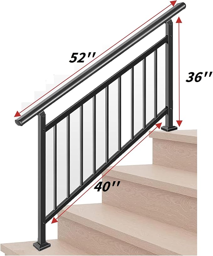 Hand Rails for Outdoor Steps,4 Step Stair Handrail & Indoor Stair Railing Kit，Metty Metal Railings for Outdoor Steps and Hand Rails for Seniors for Porch Railing -Blcak