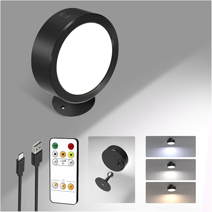 EZVALO LED Wall Mounted Lights, 5500mAh Rechargeable Wall Light Wall Sconces Lamp, 3 Color Temps & Remote and Touch Control, 360°Rotation Dimmable Cordless for Bedroom Reading Study Bedside (Black)