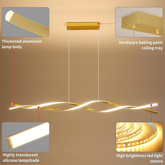 Modern Ceiling Pendant Light, with Remote Control Dimmable 3 Color Mode & Brightness Ceiling Lamp, Anti-Flicker Dining Light Fixture for Kitchen, Dining Room (Gold, 57IN)