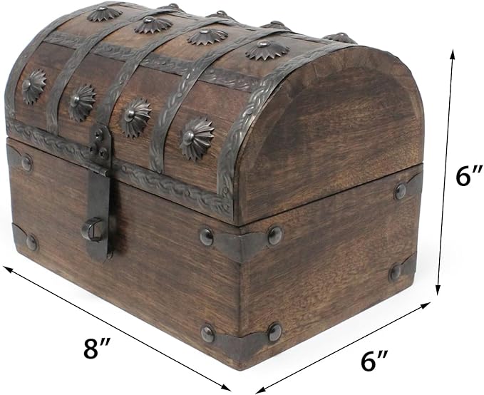 Nautical Cove Treasure Chest Keepsake and Decorative Wood Box (Large 8x6x6) - Storage Box, Wooden Box with Hinged Lid, Rustic Storage, Pirate Storage Box, Vintage Wooden Chest