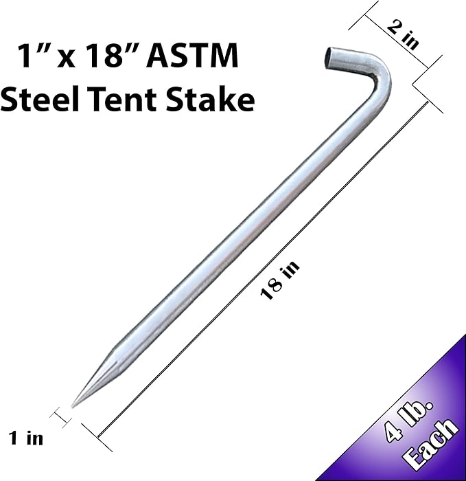 Steel Tent Stakes Heavy Duty Ground Stake, Metal Stakes to Anchor Commercial Inflatables, Outdoor Camping Canopy, Fence, Garden Tent Accessories, 1" Diameter x 18" Length, 50 Pack