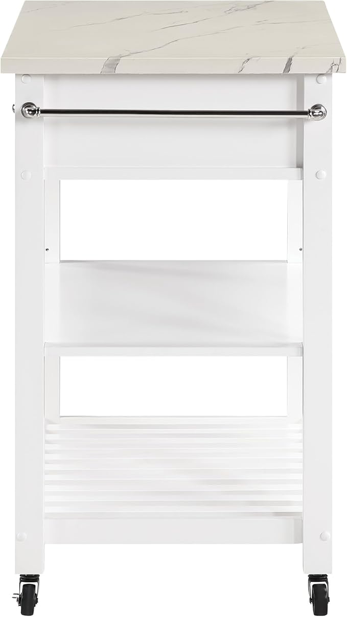 OSP Home Furnishings Litchfield Modern Farmhouse Kitchen Cart, Solid Wood Frame with Storage Drawers, Shelves, Locking Casters, White with Faux Marble Top