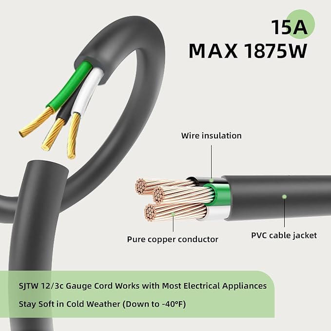 EP 12 Ft Outdoor Extension Cord, 12/3 SJTW Heavy Duty Extension Cable with 3 Prong Grounded Plug, 15 AMP Power Cord for Lawn, Garden, Appliances, Gray