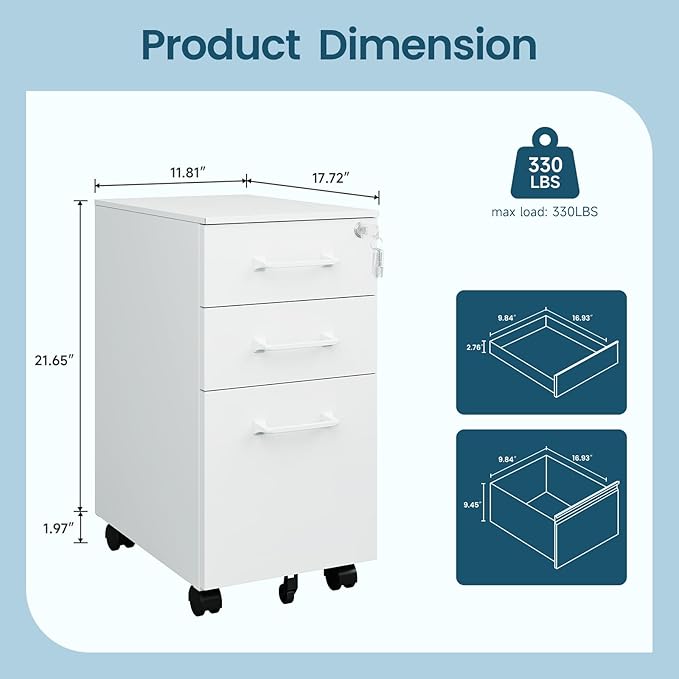 MIIIKO White Filing Cabinet 3 Drawers Under Desk, Metal File Cabinet with Lock for Home Office, Small Mobile File Cabinet for Letter Legal File Folders（Un-Assembled）