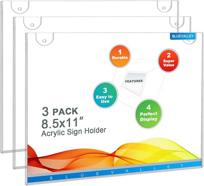BlueValley 3 Pack Acrylic Wall Sign Holder 8.5x11 Horizontal - Clear Plastic Flyer, Document & Poster Frame for Office, Restaurants, Classrooms, Trade Shows - Wall Mounted Display with Screws & Adhesive Tape