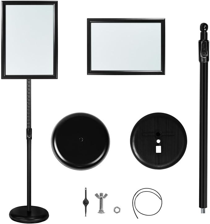 Adjustable Poster Sign Stand with Heavy Duty Base Sign Holder Aluminum Snap Open for 11x17 inches Both Vertical and Horizontal View Displayed Used for Living and Business(Black-2pack)