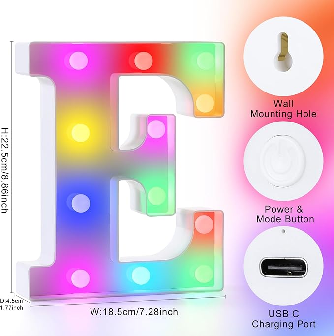 mooncow Rechargeable Light Up Letters,Colorful Marquee Letters with Remote,Gift Wrap Gifts,Bedroom Home Bar Party Decor (E)