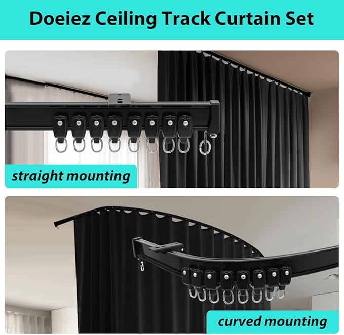 Room Divider Blackout Curtains Flexible Sliding Tracks Sets Ceiling Mounted Rod Window Curtain Privacy Separation for Bedroom Living Rooms,1 Panel Black Drape and Black Track Set-W216xH72 in