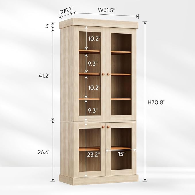 70.8" Bookshelf with Glass Doors, Farmhouse Modular Bookcase with 6-Tier Adjustable Shelves, Large Storage Cabinet for Living Room & Home Office, Set of 3, Brown